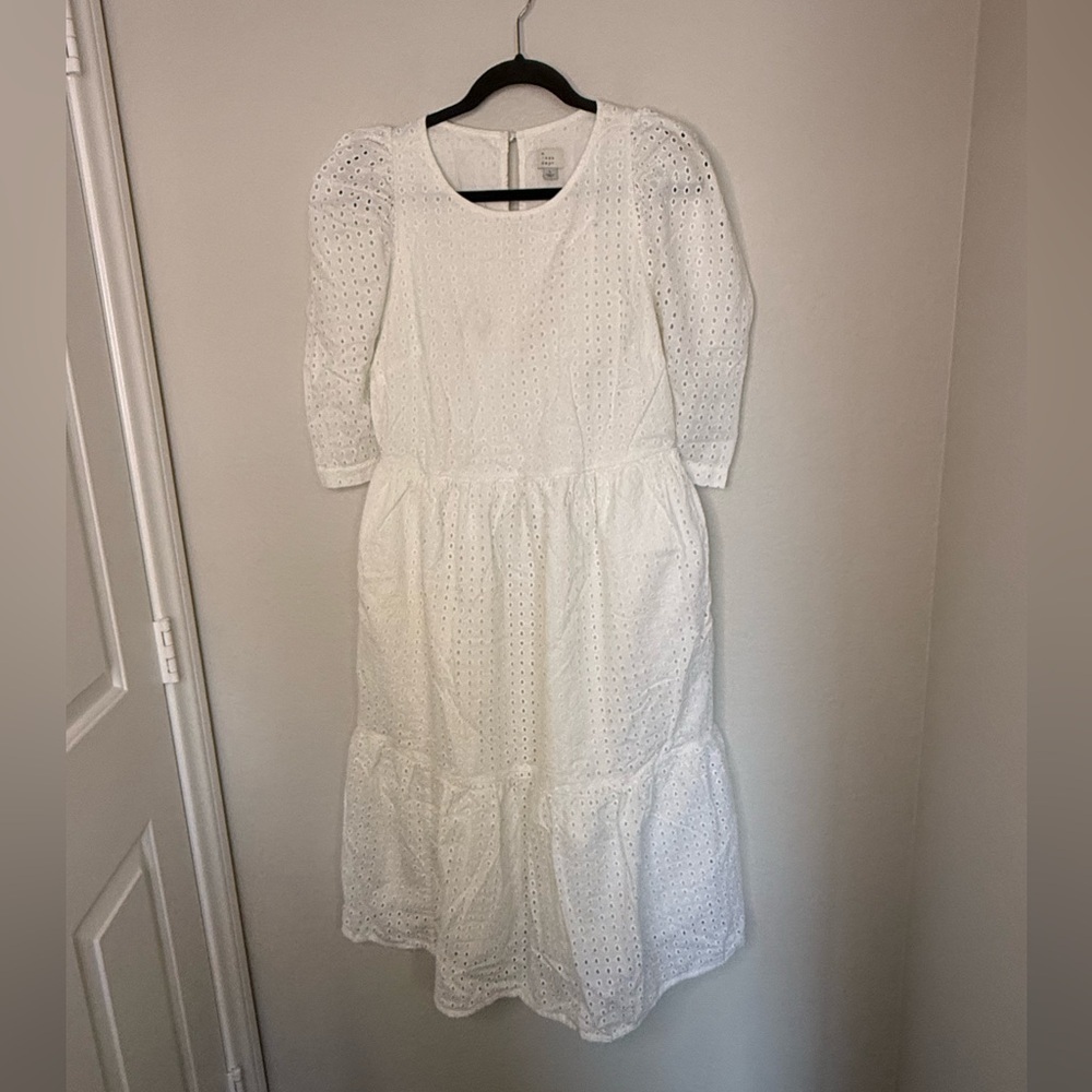 A New Day White Eyelet Midi Dress 100% Cotton Puff Sleeve Pockets LWD Bride L - Picture 4 of 11